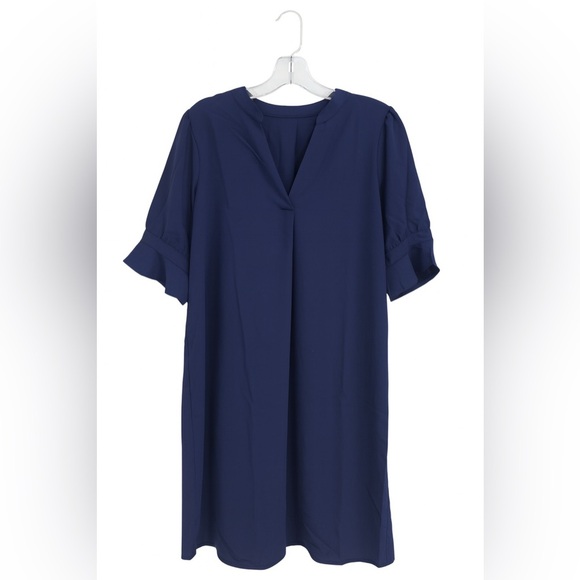 Women’s Large Navy Blue Sheath Dress – V-Neck Ruffle Sleeve Versatile Classic - Picture 2 of 6